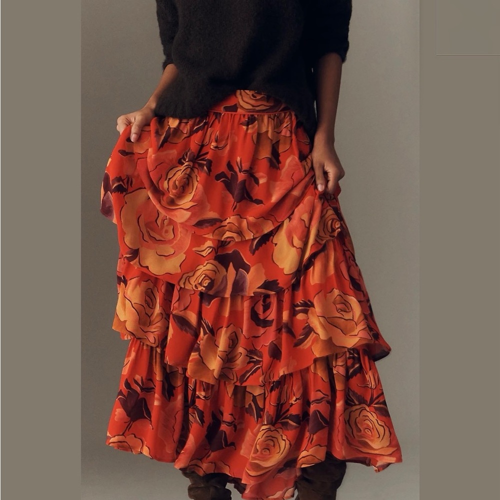 Anthropologie Farm Rio Floral Tiered Maxi Skirt Medium